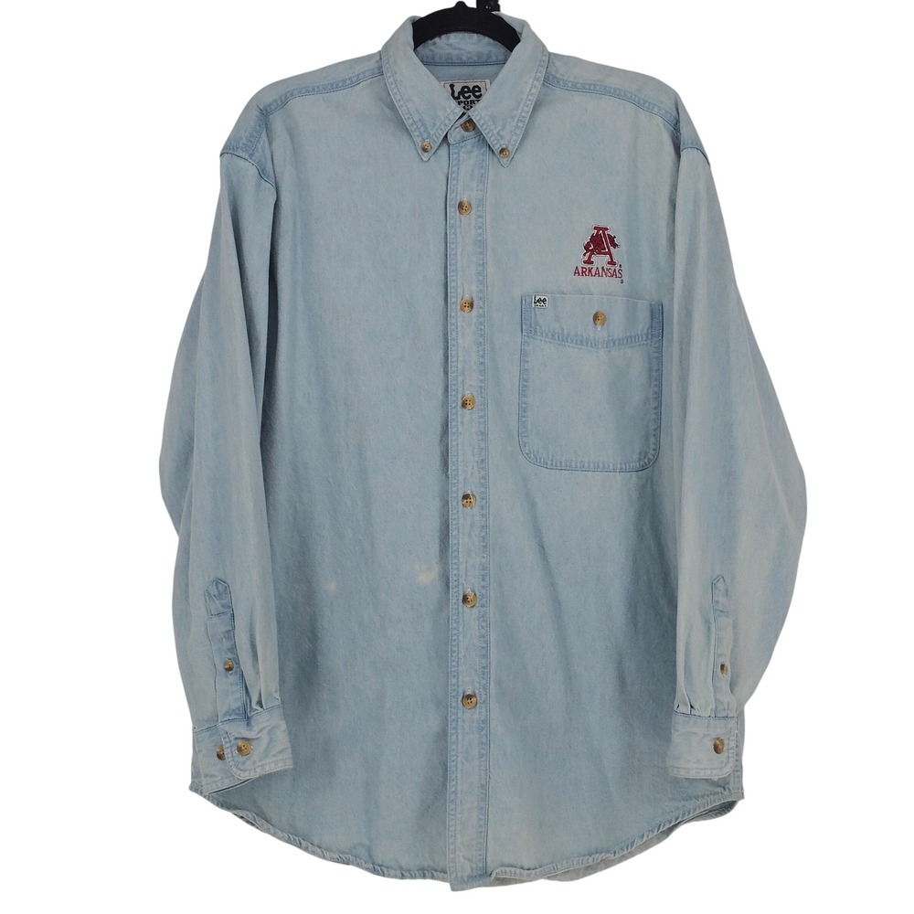 Vintage 90s Lee Sport Arkansas Razorbacks Denim Shirt M Light Blue Collegiate